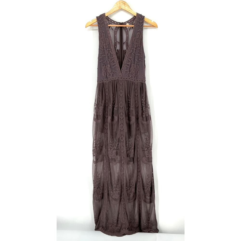 Wishlist Womens S Embroidered Mesh Maxi Dress Brown Boho Plunge Lined Festival - Picture 2 of 12